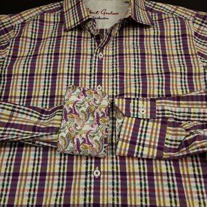Robert Graham Exclusive Mens S Shirt Flip Cuff Dress Purple‎ Pastel Plaid
